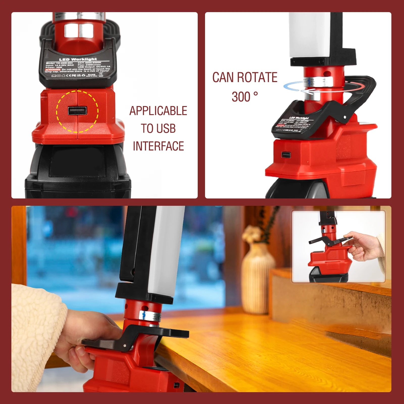 Светодиодный рабочий фонарь 30 Вт, 2400 лм для Milwaukee, аккумулятор 18 В, складной фонарь, уличный фонарик с USB-портом для зарядки (без батареи)