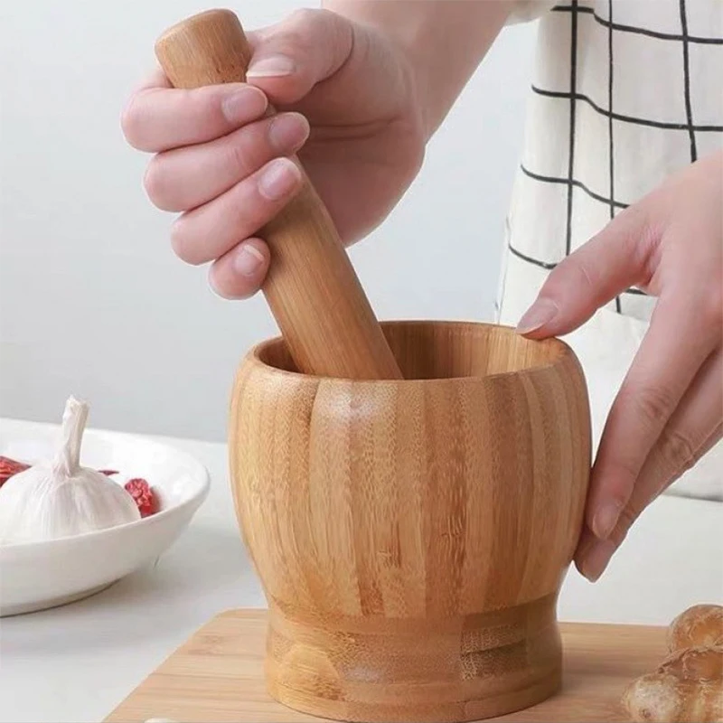 Bamboo Mortar and Pestle Set With Spoon Mash Spices Pepper Muddler and Bowl For Garlic Pepper Herb Crusher Kitchen Utensils