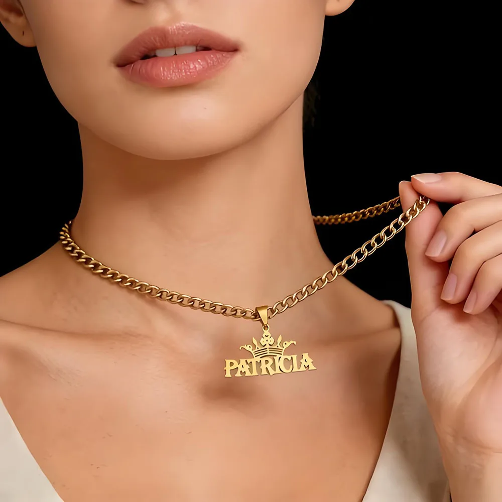 18K Gold Custom Crown Name Pendant Necklace Thick Cuban Chain Personalized Bold Nameplate Jewelry Trendy Stackable Accessory