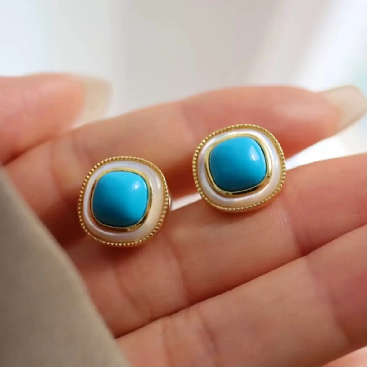 

Elegant Natural Blue Turquoise White Shell Stud Earrings 925 Sterling Silver Fine Jewelry Plated Yellow Gold Women Birthday Gift