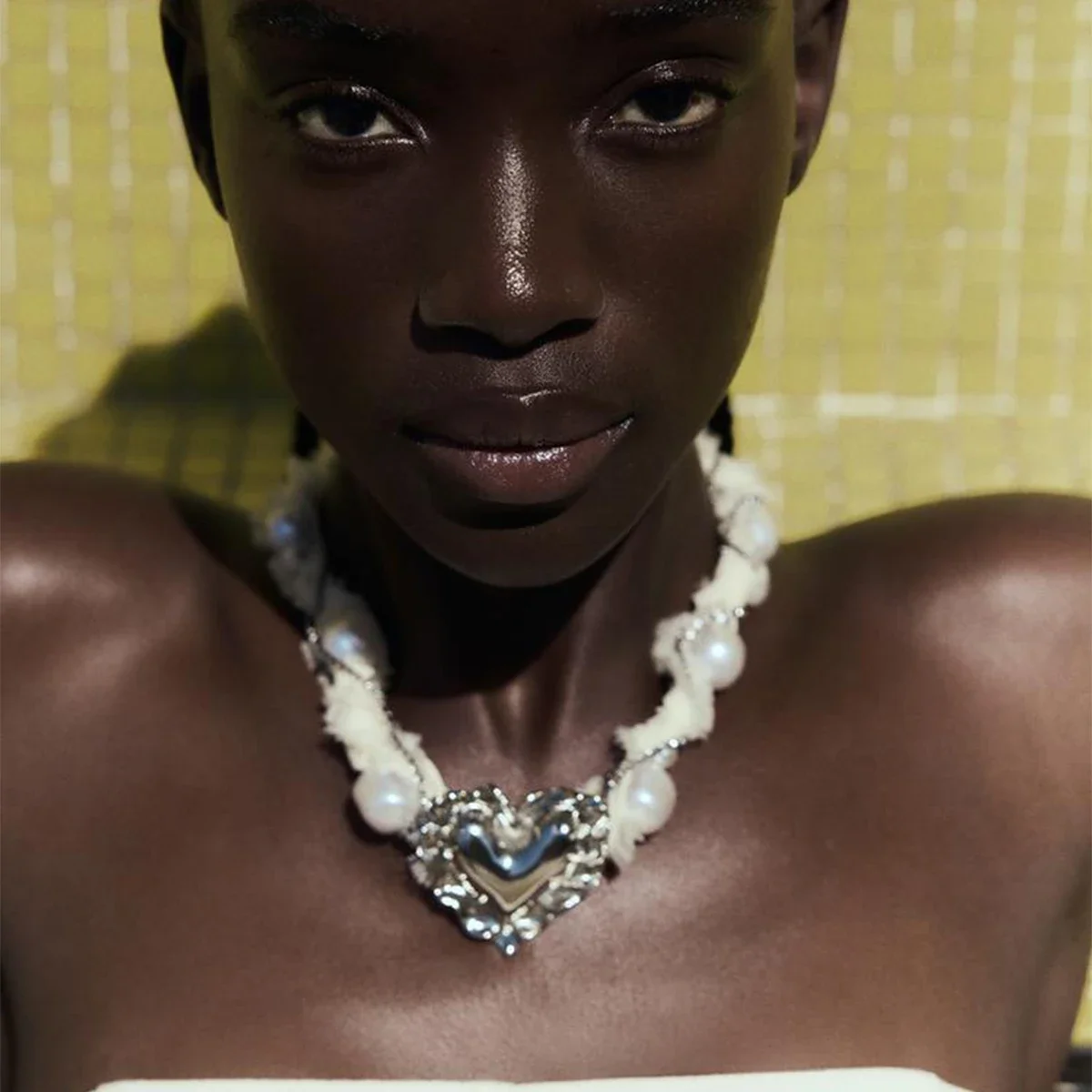 Zaa Vintage Imitation Perlen Mesh Gaze Kette Herz Anhänger Halsketten Ohrringe für Frauen Luxus