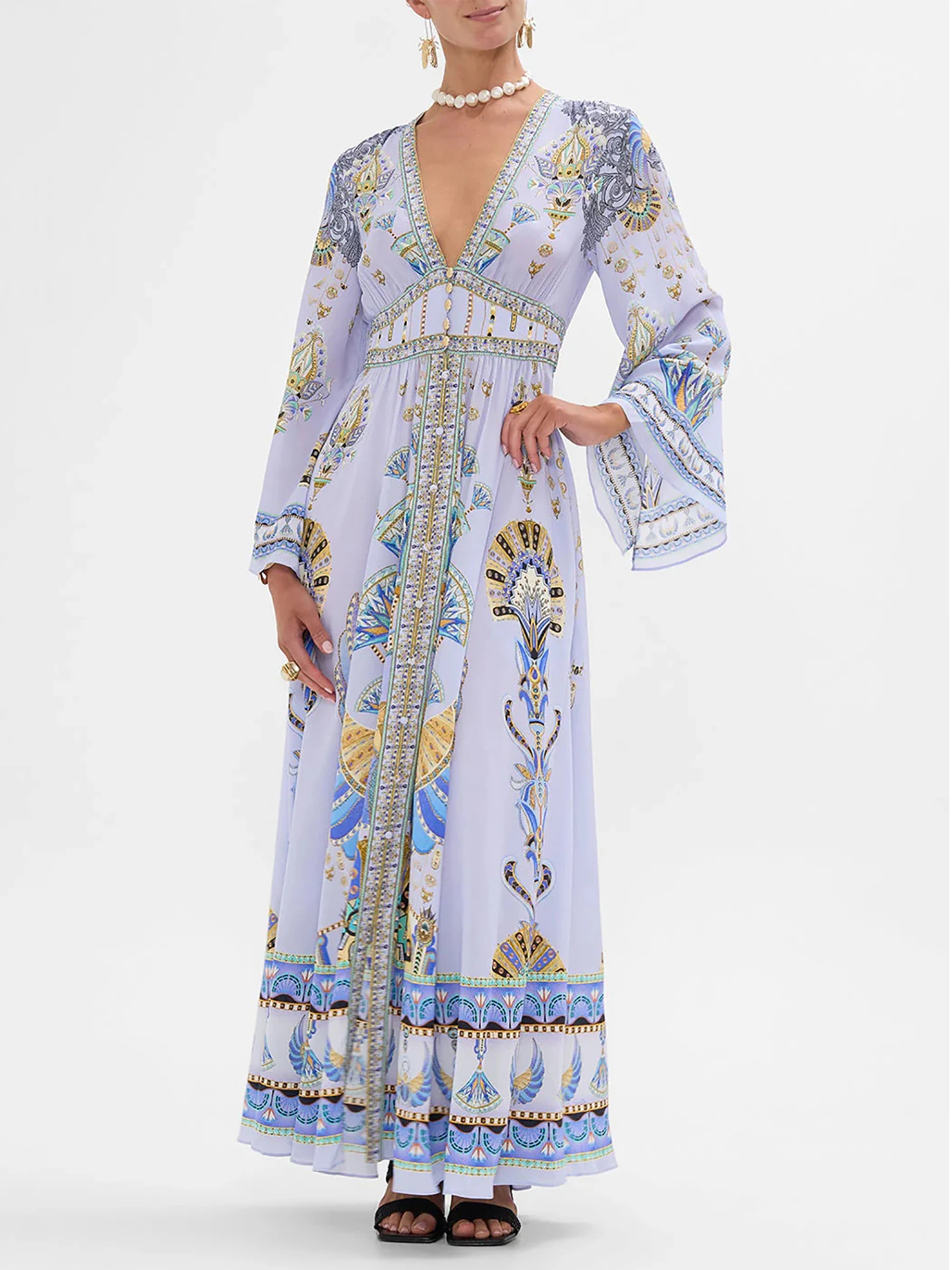 Abito longuette da donna con stampa scollo a V viola in vera seta al 100%. Estate Australian Diamond Runway Designer Beach Boho