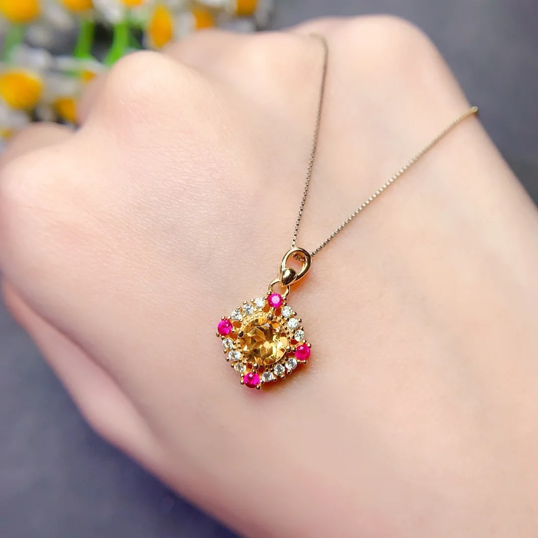Jewelry Girl Pure Natural Yellow Crystal Necklace Pendant 925 Pure Silver Electroplating 18K Gold Ruby Christmas Gift Girlfriend