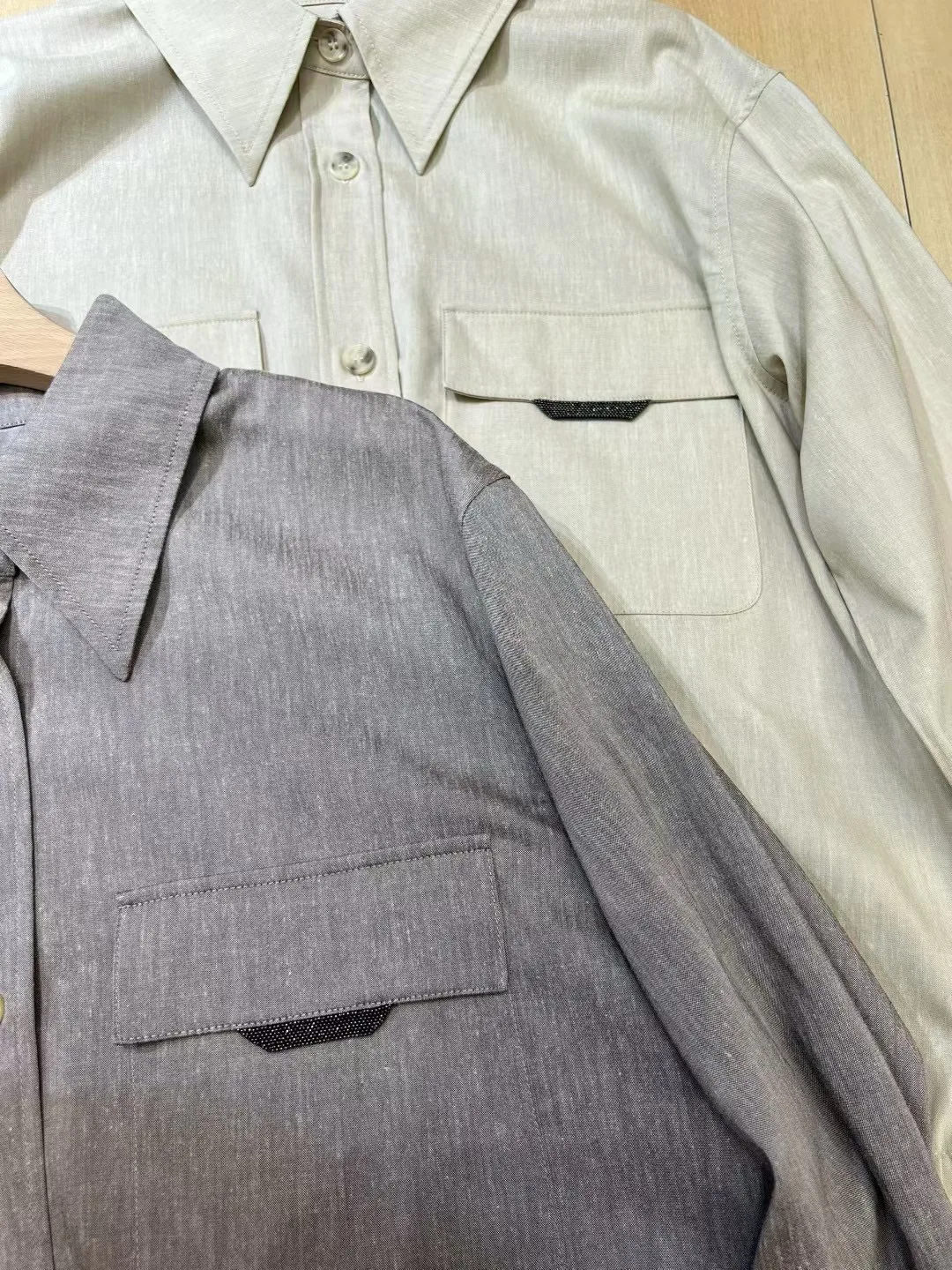 秋のデミシーズンビーズトリミング無地リネンジャケット