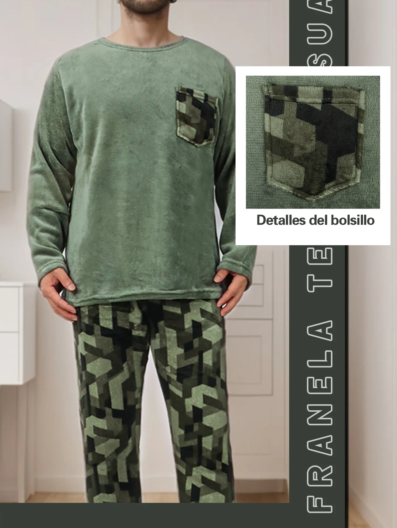 Pijama de inverno masculino, conjunto de 2 peças com mangas compridas e calças, conforto e estilo