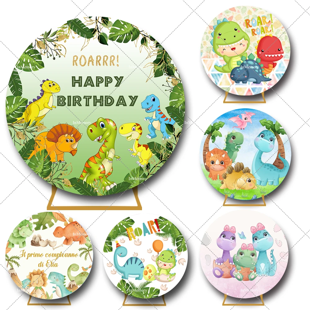 

Cute Cartoon Dinosaur Theme Round Backdrop Cover Kids 1st Birthday Party Circle Background For Photography Customized