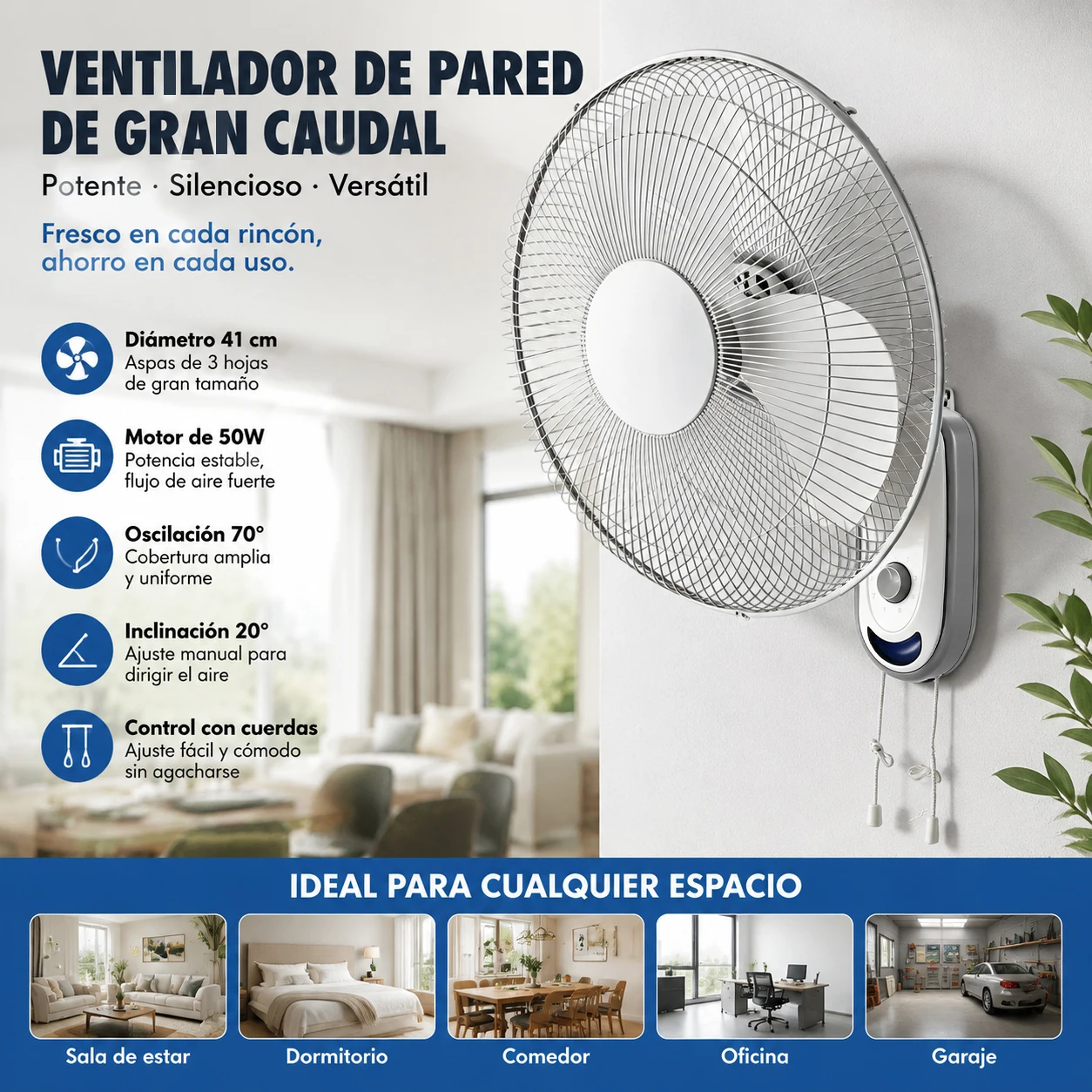 Ventilateur mural 16 pouces 41 cm 50 W Moteur 3 vitesses Oscillation 70 °     Inclinaison 20 °     Système de contrôle par corde silencieux pour la maison, le bureau et le garage