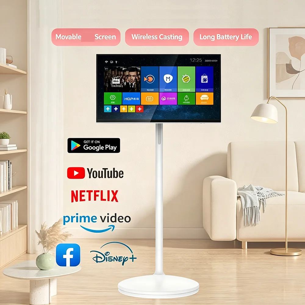 21,5 Zoll Tragbarer Beweglicher 6G RAM 128G NVME 1080P HD Touchscreen, Höhenverstellbar mit Rollen, 8000mAh Akku, 13MP Kamera Android Smart TV