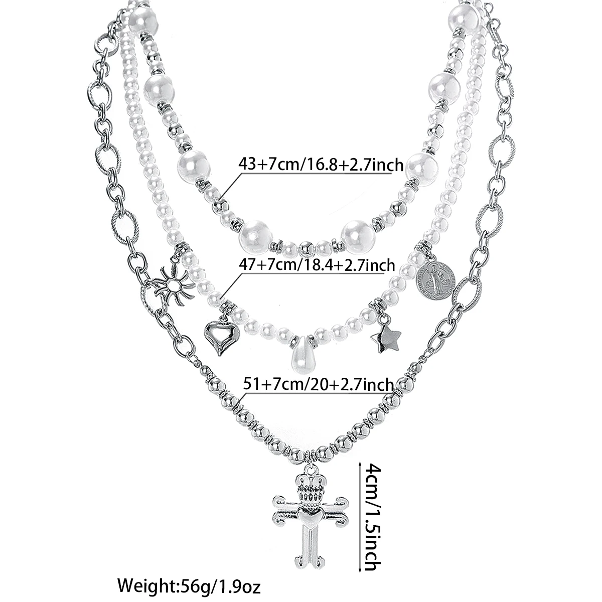 Y2K Subculture Multi-layer Faux Pearl Necklace with Vintage Ring, Crown, Cross, Heart and Star Pendants
