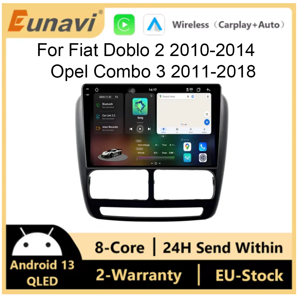 Radio samochodowe Eunavi z systemem Android 15 do FIAT Doblo 2009 - 2015 Nawigacja GPS Odtwarzacz multimedialny wideo Stereo Carplay+auto WiFi+4G BT