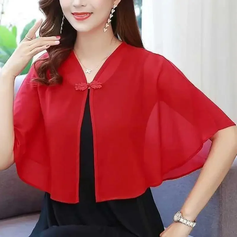 Chiffon kleine sjaal dames zomerjurk losse pasvorm cropped vest lichtgewicht zonwering vest jas veelzijdige bovenkleding - afbeelding 2