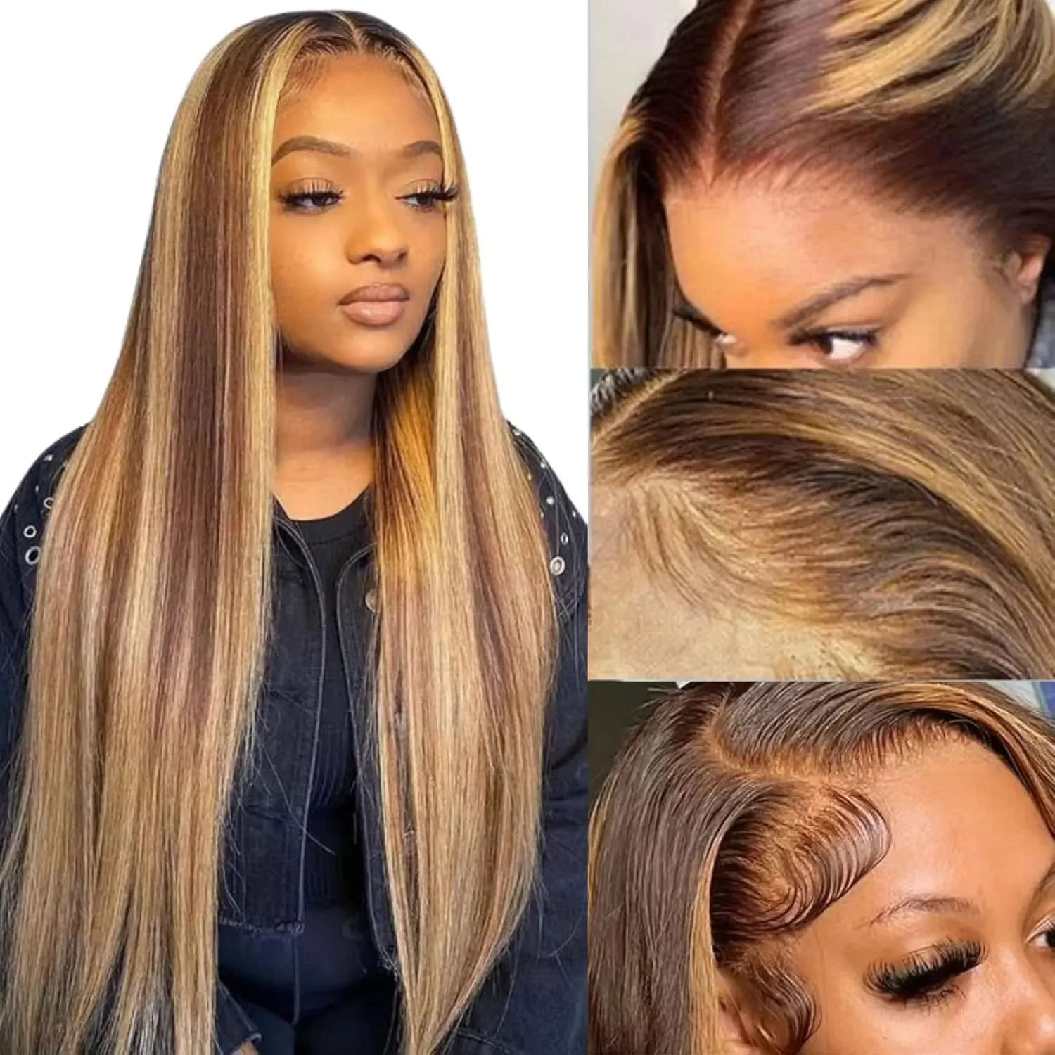 Ombre Highlight Straight Lace Front Wig, Glueless Wig, Pre-arrancado, 180% Densidade, Cabelo Humano, 4/27 Wear, 7x5 HD, 20 em