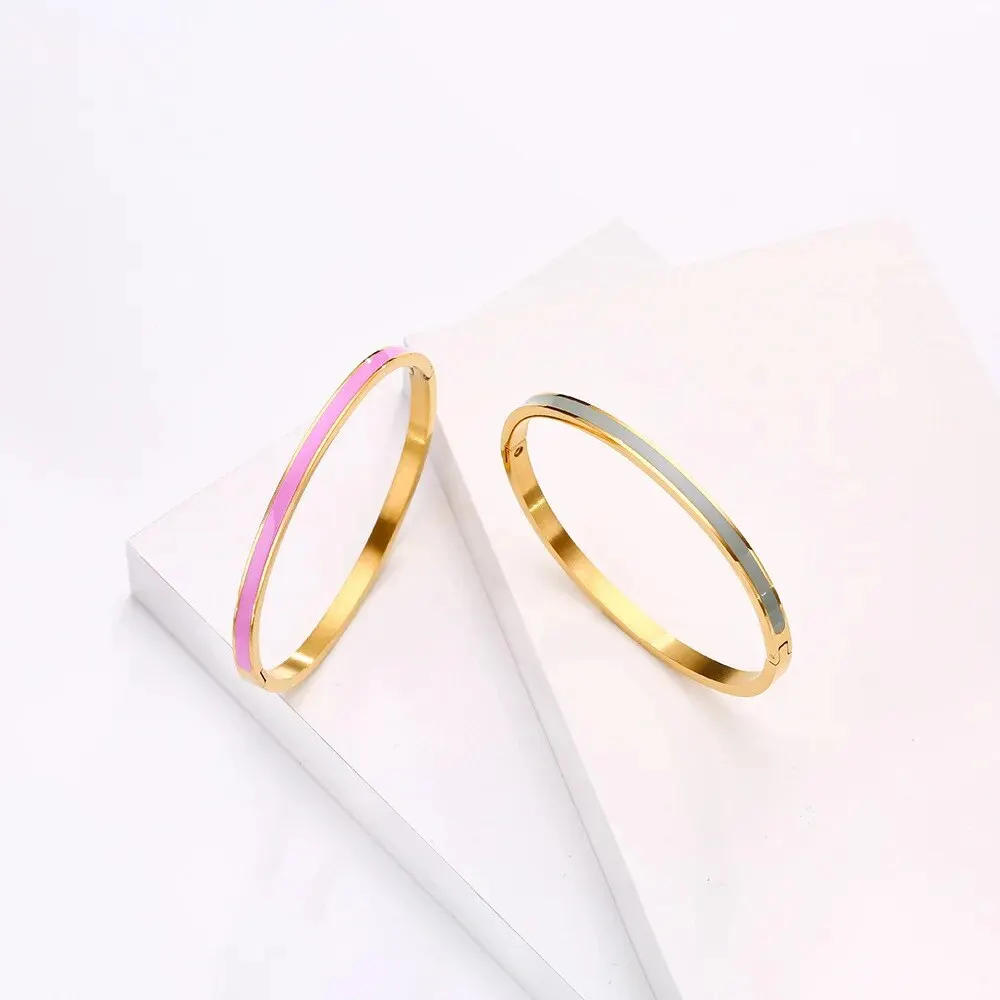 G&D Stainless Steel Thin Personalized Enamel Charm Cuff Enamel Crimson Golden Sapphire Wristlet Jewelry for Ladies Bracelet