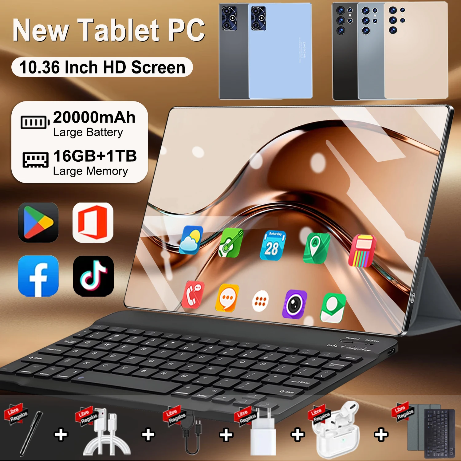 Tablette PC Android 13 S10 10,36 pouces 2026, processeur Snapdragon 8 Gen2 14 cœurs, écran Full View 4KHD, Wi-Fi 5G, Bluetooth, WPS, batterie 20000 mAh, 16 Go de RAM, 1 To de ROM, appareil photo 16MP+32MP, idéale pour la maison, les loisirs, les jeux, l'apprentissage, tablette portable