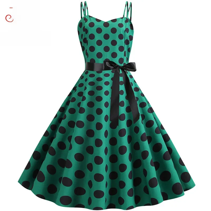 Damska letnia seksowna sukienka z paskiem spaghetti w kropki Vintage elegancka duża huśtawka Party sukienka Rockabilly Vestidos — zdjęcie 2