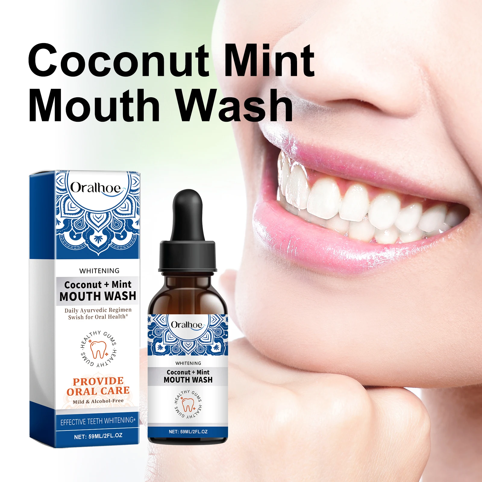 Oralhoe Oral Health Teeth Rinse Deep Clean Mouth Fresh Deodorizing & Whitening Teeth Stain Removing Coconut + Mint Mouth Wash