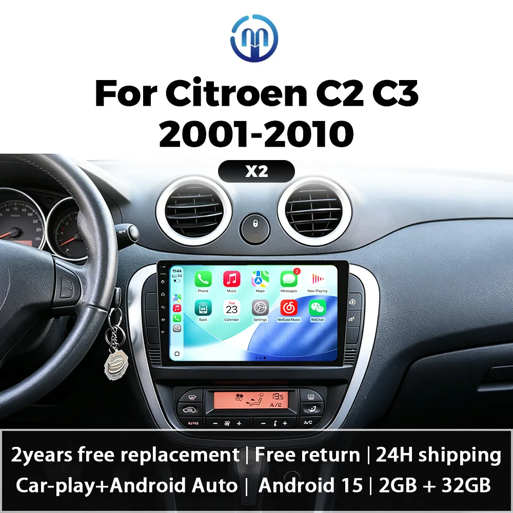 NAVIFLY＆MEKEDE 4 Core Car Radio Android 14 For Citroen C2 C3 2001-2010 2Din Multimedia Players Wireless Carplay Auto GPS WIFI FM