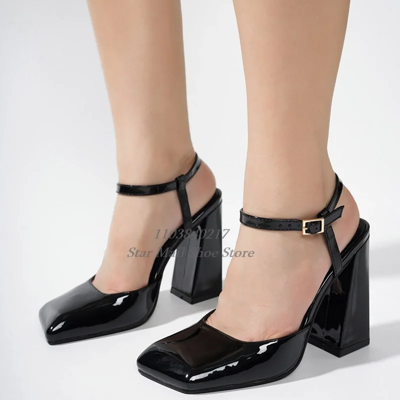 

Women's Square Toe Shallow Fashion Patent Leather Shoes Slingback Ankle Buckle Square Heel High Heels Sweet Elegant Sandals