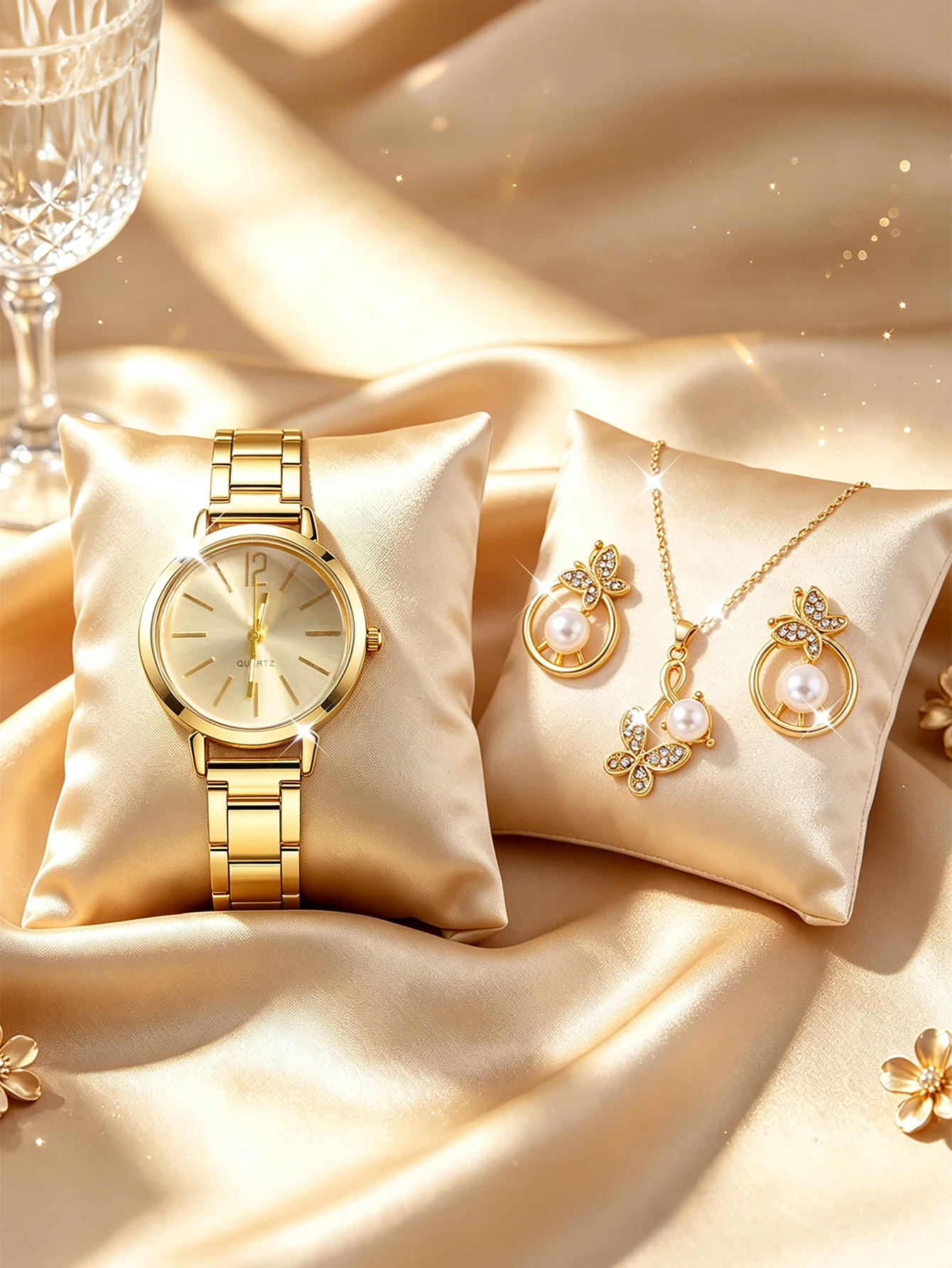 4-Piece Set, Women's Round Dial Quartz Watch Paired with a New Jewelry Set, Suitable for Various Occasions, Workplace Commuting, Parties, Banquets, a Beautiful Accessory for Women.