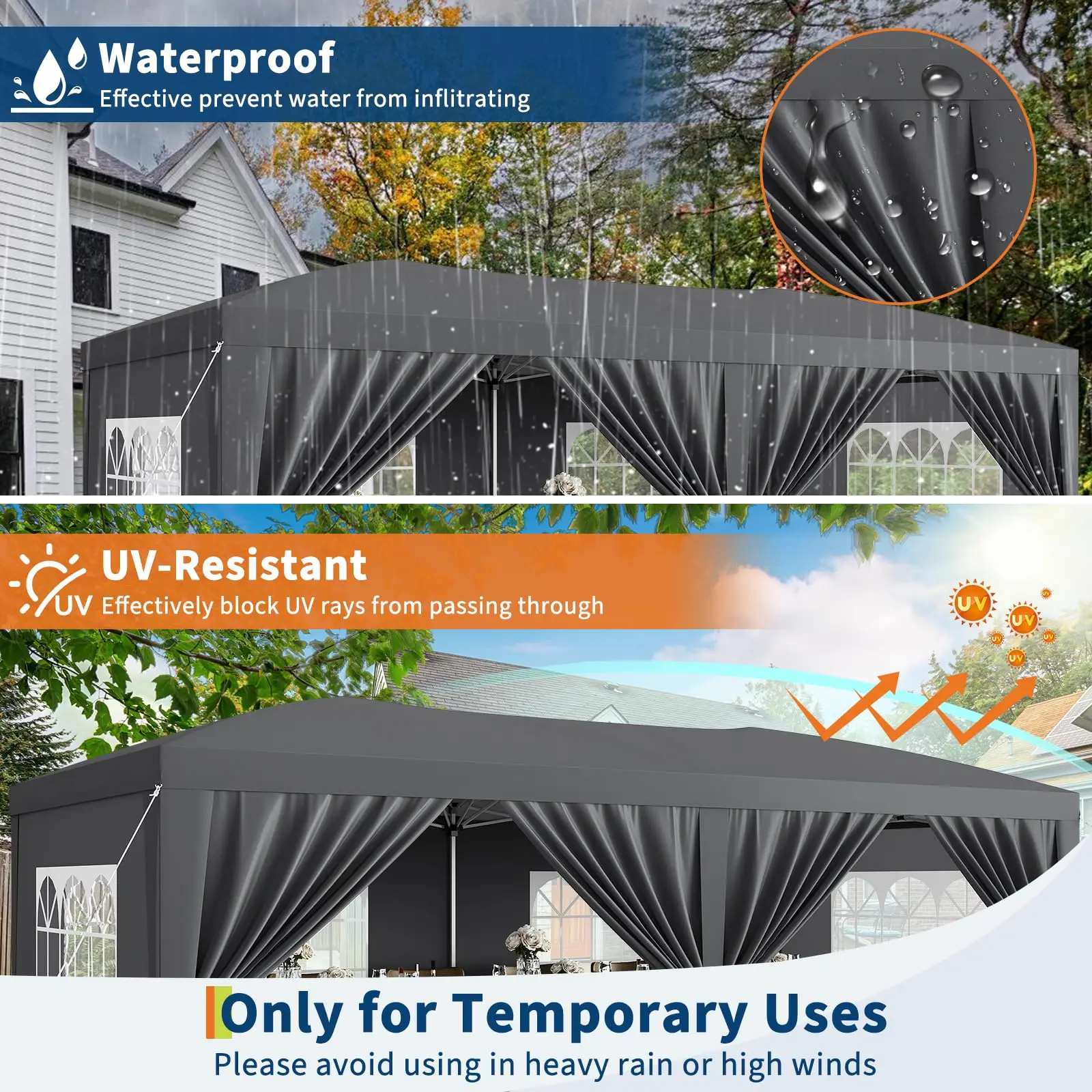 10x20 Pop Up Canopy Tent with 6 Removable Sidewalls, Easy Up Commercial Canopy Tents for Parties, Large Heavy Duty Outdoor Canopies with 3 Adjustable Heights, Stakes X18, Ropes X6, Grey view 3