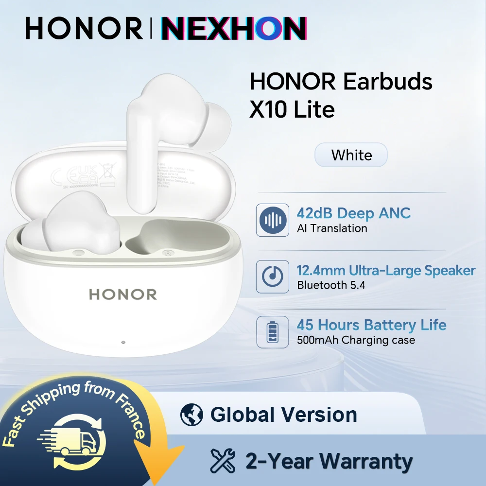 HONOR Earbuds X10 Lite, autonomie de 45 heures, haut-parleur ultra-large de 12,4 mm, ANC profond de 42 dB, traduction IA, blanc