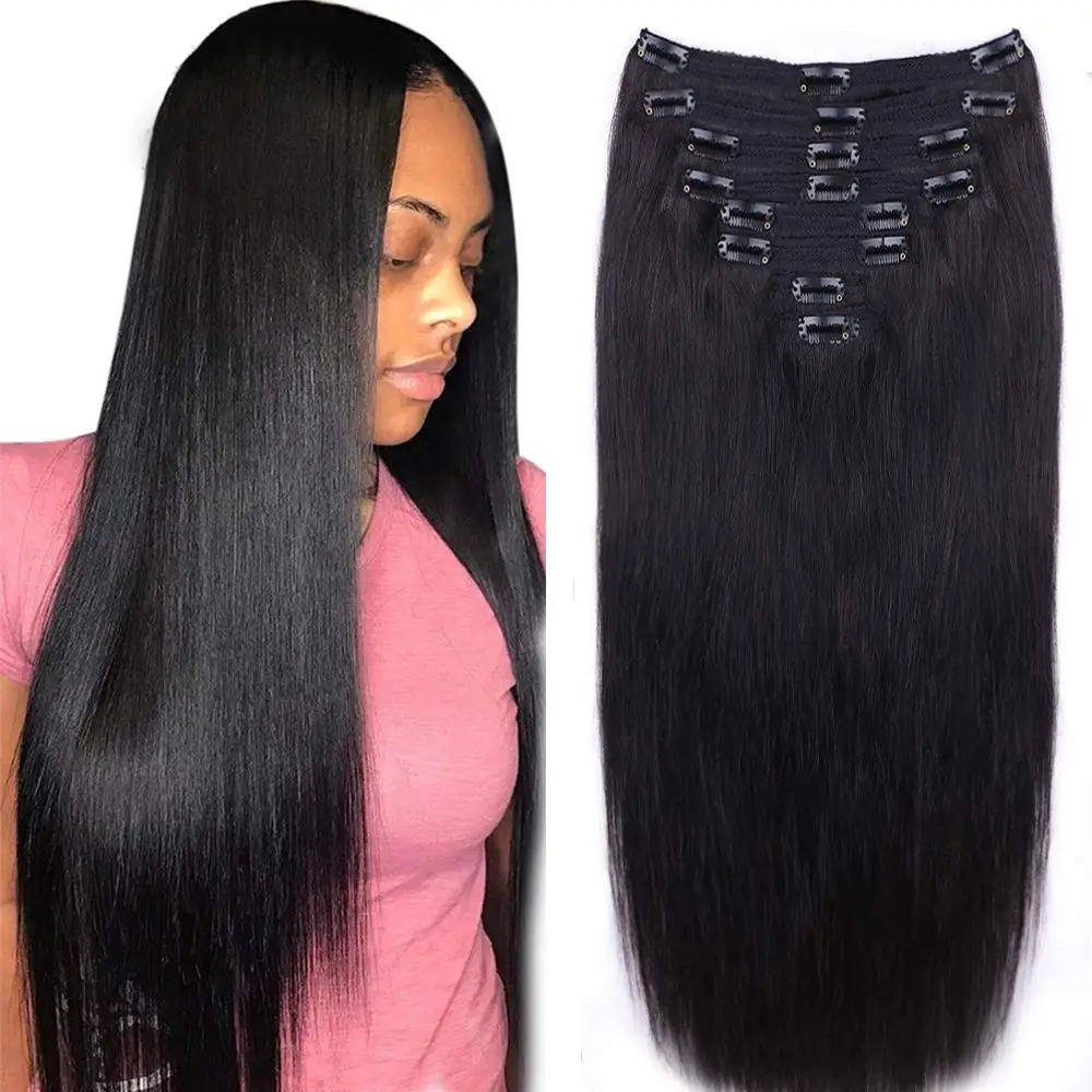 

Women Straight Human Hair Clip In Hair Extensions 100% Unprocessed Full Head Brazilian Virgin Hair Natural 8Pcs With 120 Gram