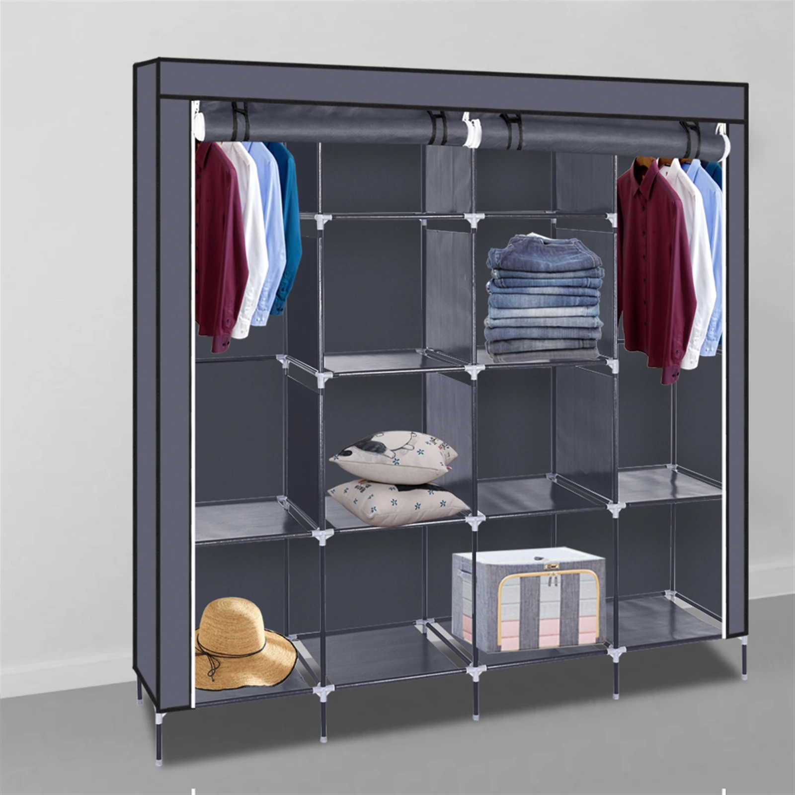 

67" Clothes Closet Portable Wardrobe Clothes Storage Rack 12 Shelves 4 Side Pockets Gray