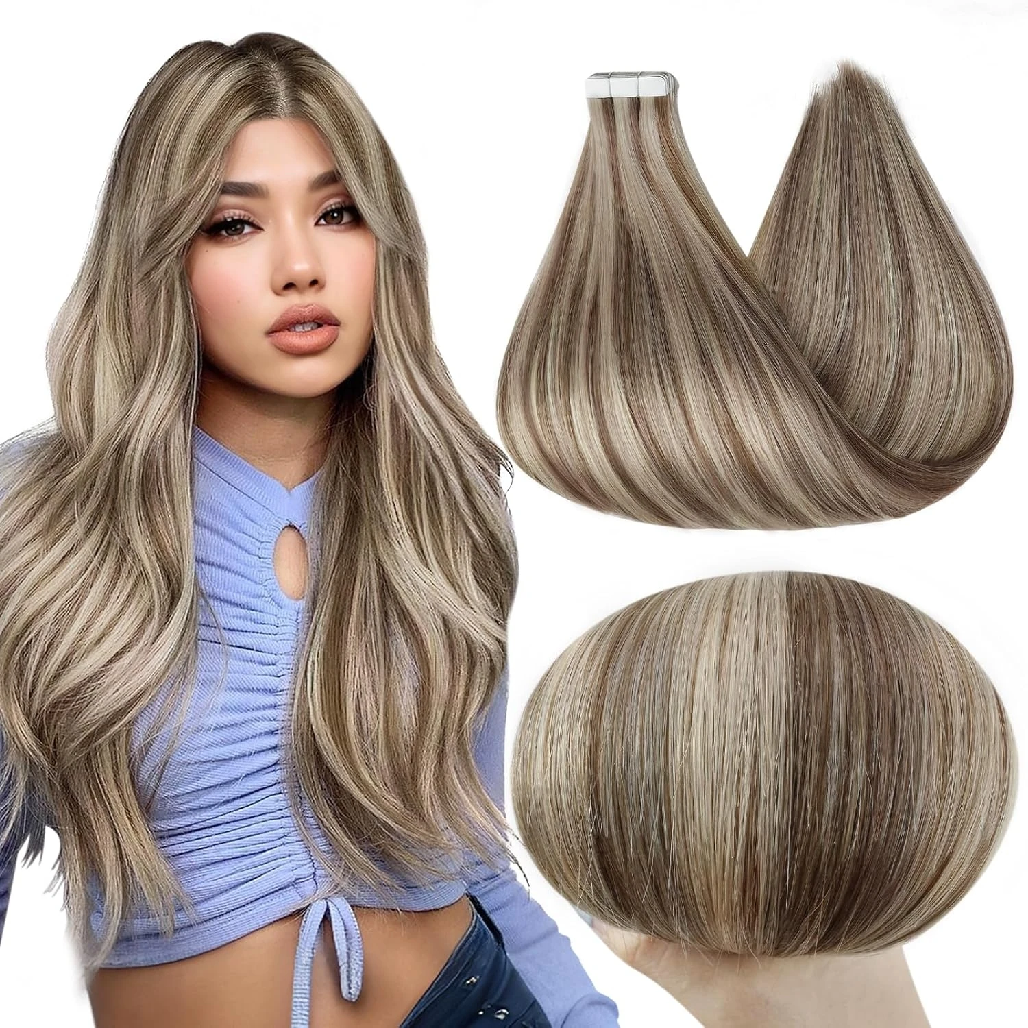 

Наращивание волос Full Shine Soft Remy Tape из натуральных волос, цвет 8 пепельно-коричневый с мелированием 60 платиново-русый, настоящие человеческие волосы