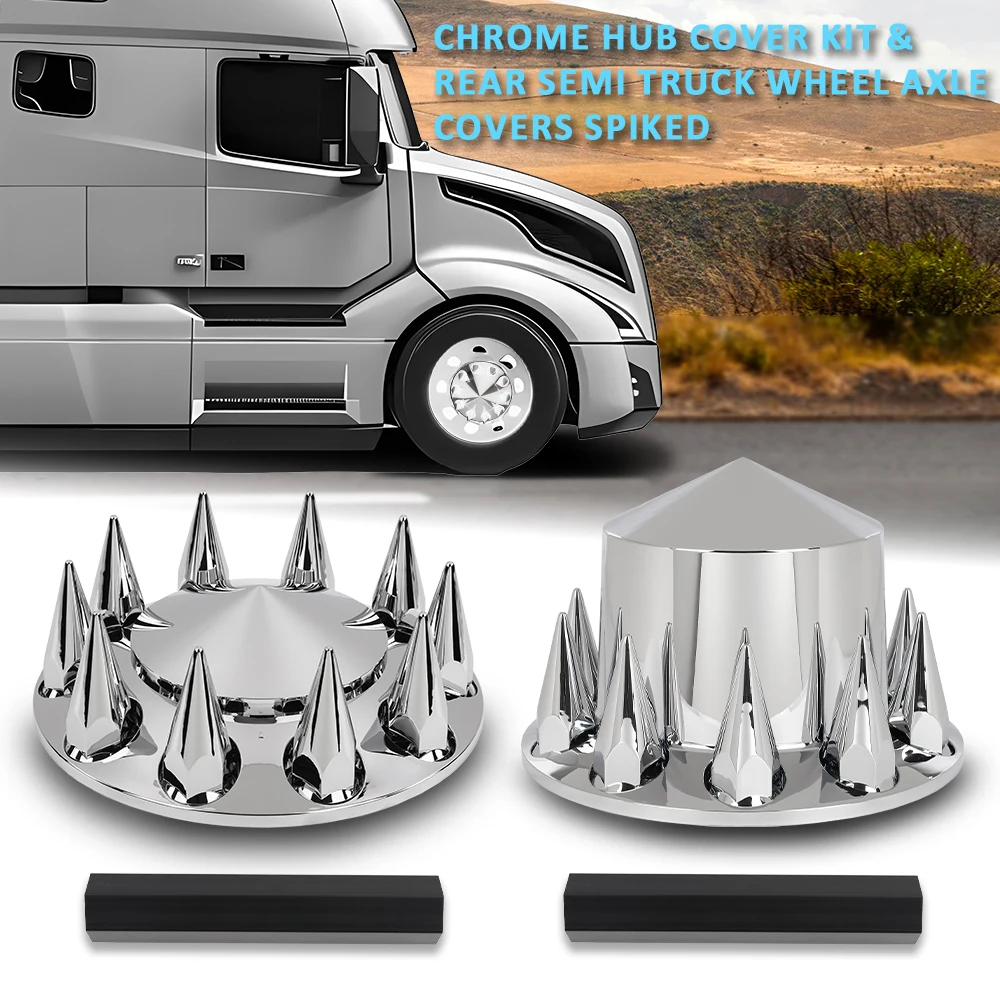 

Комплект хромированных крышек ступицы, полукрышки оси колеса грузовика диаметром 33 мм, передние и задние с шипами, подходят для полугрузовиков 20 дюймов, 22,5 дюйма и 24,5 дюйма.