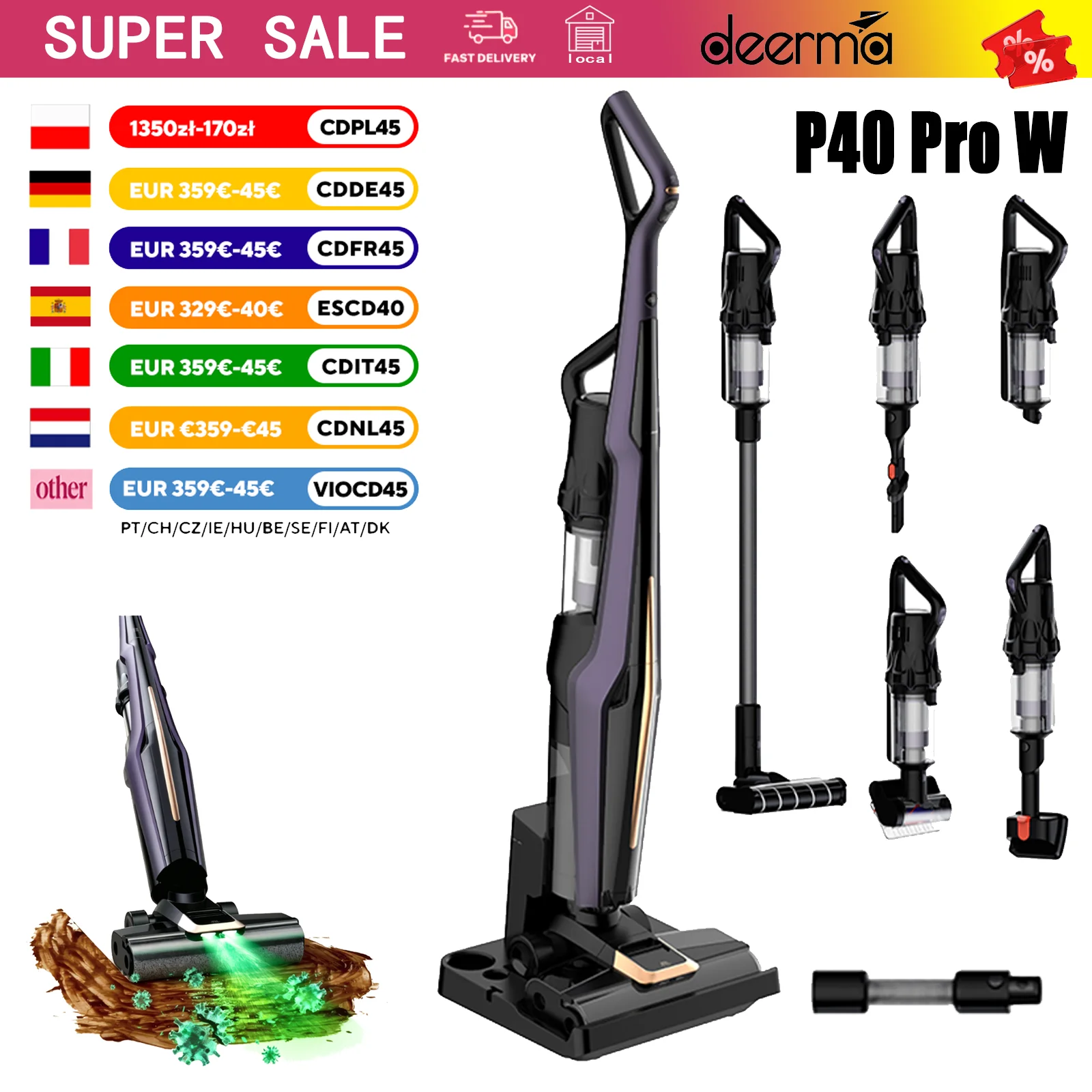 Deerma P40 Pro W All-in-One Bodenwischer-Staubsauger, 18000Pa Starke Saugkraft, 99,9% Elektrolysiertes Wasser zur Sterilisation, 70 ° C Heißwasch- und Heißtrocknungs-Funktion,