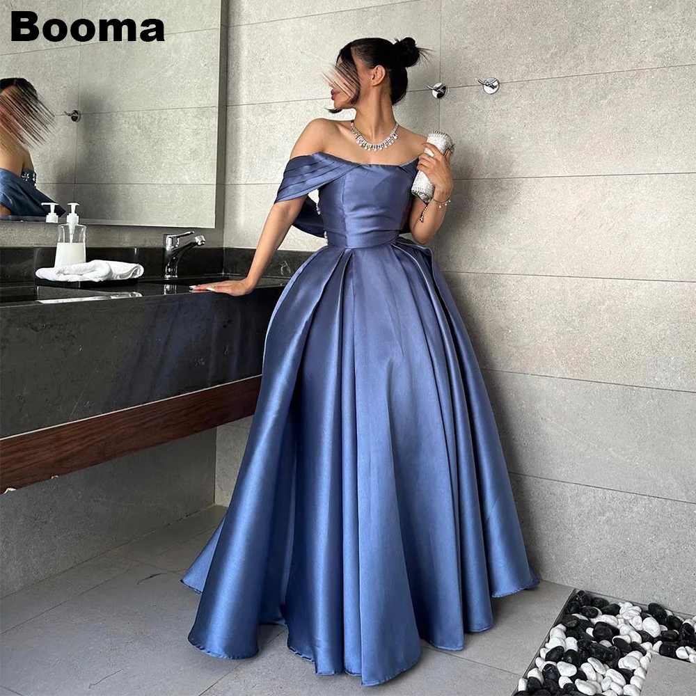 Booma A-Line Simple Evening Dresses Off Shoulder Pleats Crystal Satin Formal Party Gowns for Women Floor Length Prom Dresses