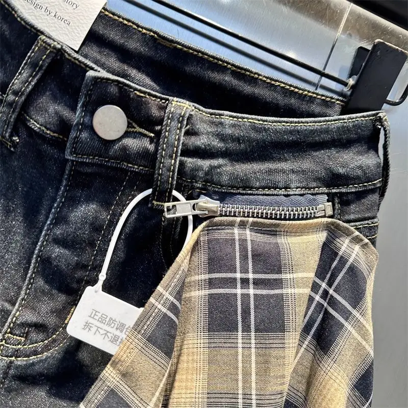 Short taille haute en Patchwork à carreaux noirs pour femmes Y2K American High Street années 2000 rétro Hot Girl Short en jean trapèze à jambes larges