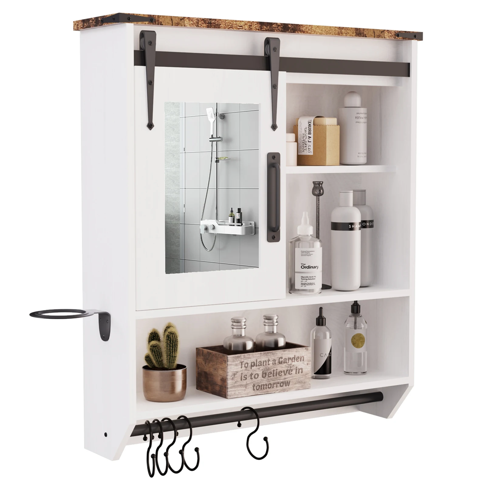 

For Bathroom Kitchen Laundry Room Mirror Cabinet Wall with Adjustable Shelf/ Towel Bar/ Hairdryer Rack/ 5 Hooks Over Cabinet