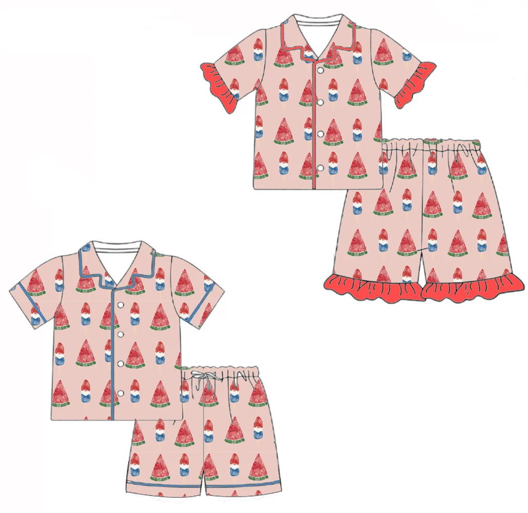 Boutique children's pajama sets Collared buttons short-sleeved shorts set Independence Day and watermelon prints wholesale