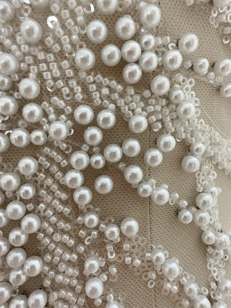 Unique  Top Quality Heavy Rich Pearls Beads Off White Wedding Gown Dress Lace Fabric Sell By 1 Yard