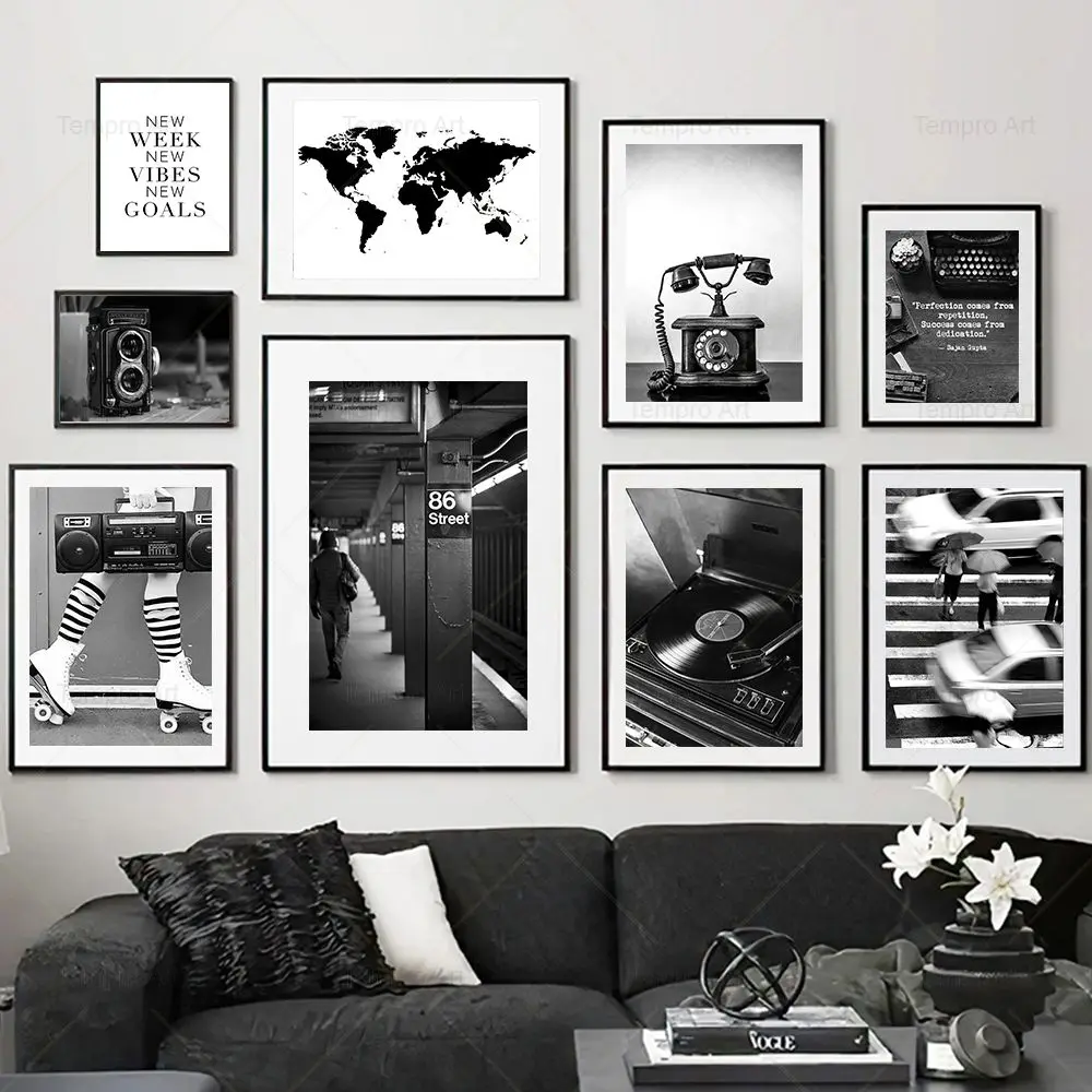 

Black and White Photography Vintage Camera Record Railway World Map Poster Wall Art Canvas Painting Nordic Picture Home Decor