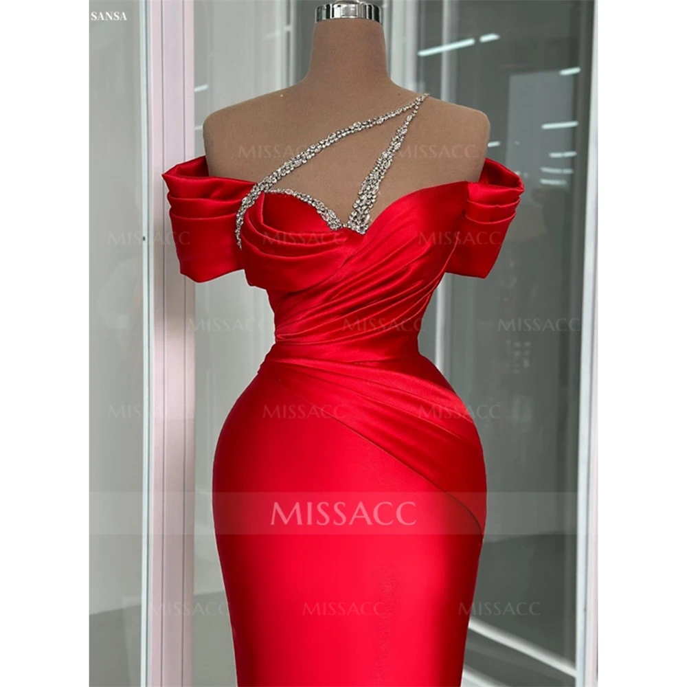 

Sansa Customized Red Mermaid Off the Shoulder Rhinestones Prom Dress Tiered Ruffle Vestidos De Noche Floor-Length Formal Evening