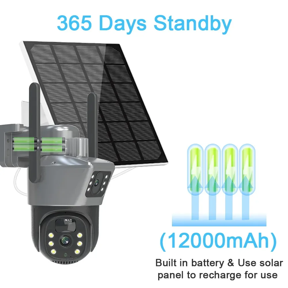 Solar Powered Camera 4K 8 Megapixel 4G Dual Lens PTZ Dual Screen PIR Body Tracking Outdoor WIFI Secure CCTV Surveillance IP Came