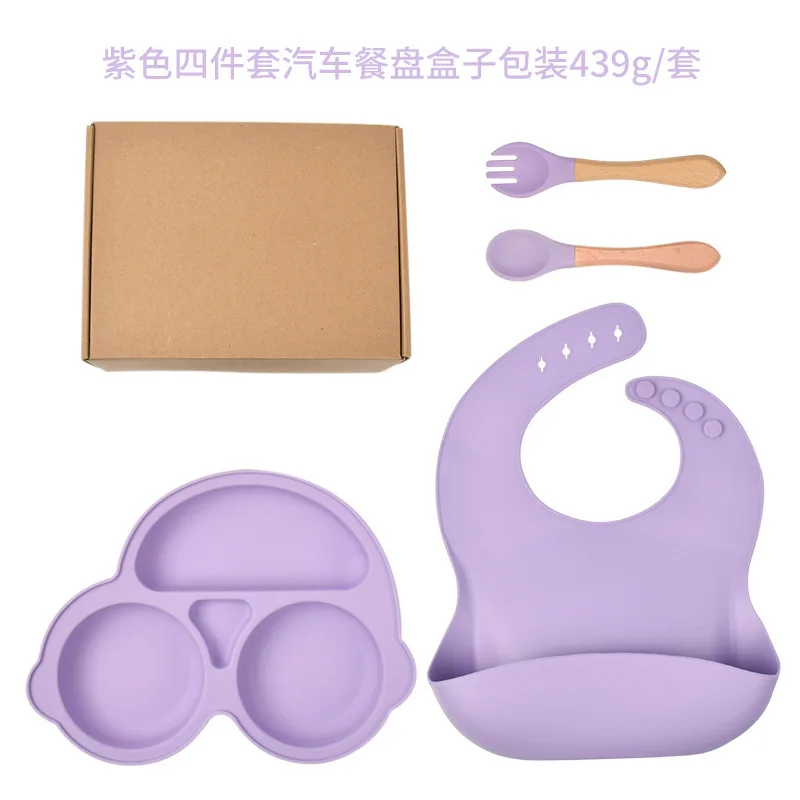 Children's Dishes Set Baby Silicone 4-piece Tableware Set Suction Cups Forks Spoons Bibs Straws Cups Mother and Baby Supplies