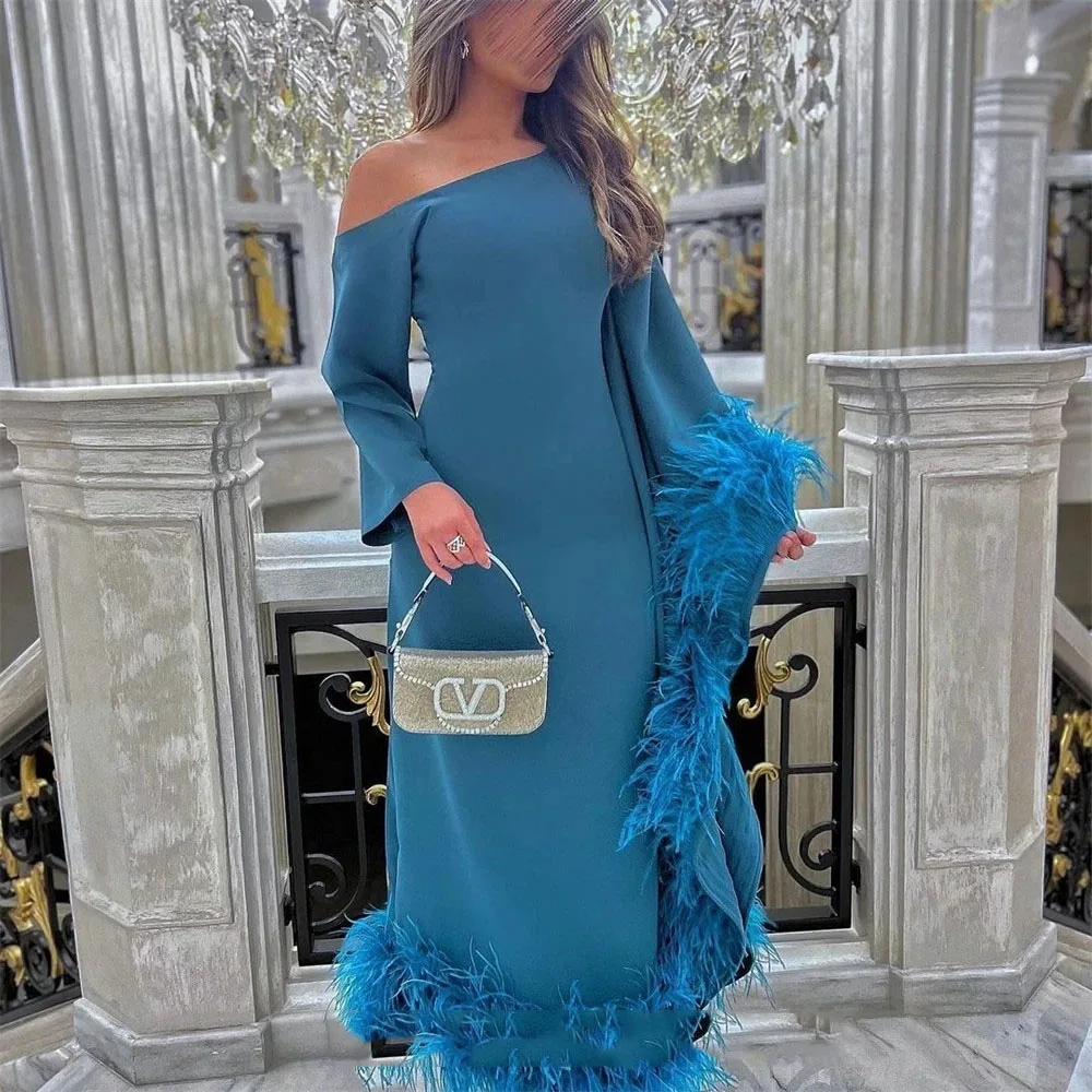 Vestidos de Noche azules de lujo para mujer, traje Formal con plumas personalizadas, para ocasiones formales, para baile de graduación árabe saudí,