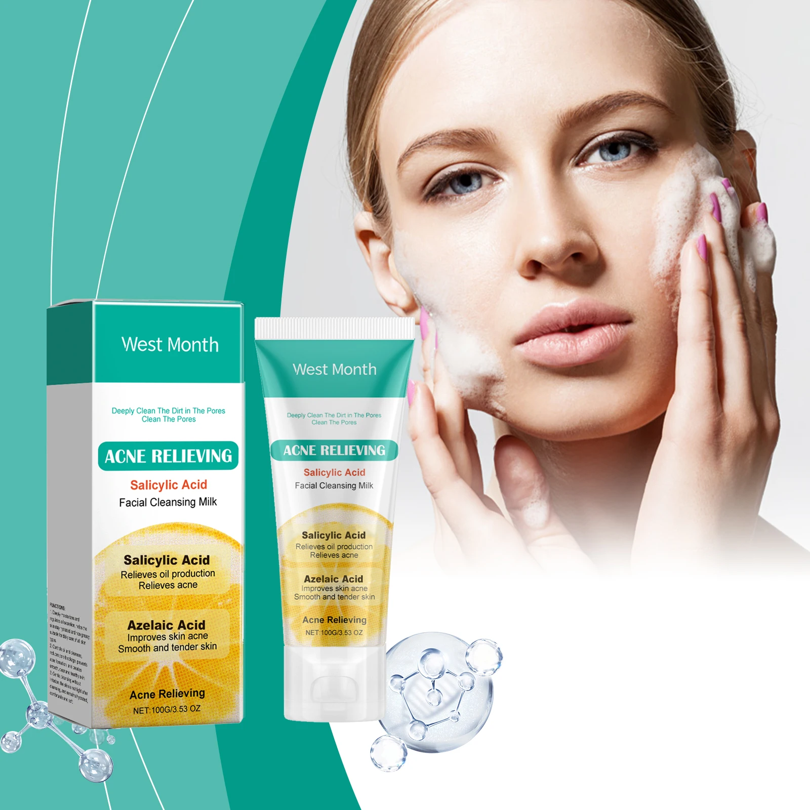 

West&Month 100g Anti Acne Facial Cleanser Lotion Oil Control Refreshing Face Shrink Pores Remove Pimples Acne Cleansing Lotion