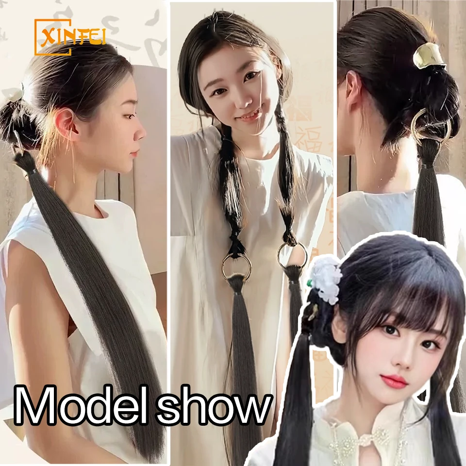 New Chinese Wig Female Decorative Ring Ponytail Hanfu Headdress Long Straight Ponytail Natural Wig Double Ponytail Wig Braid