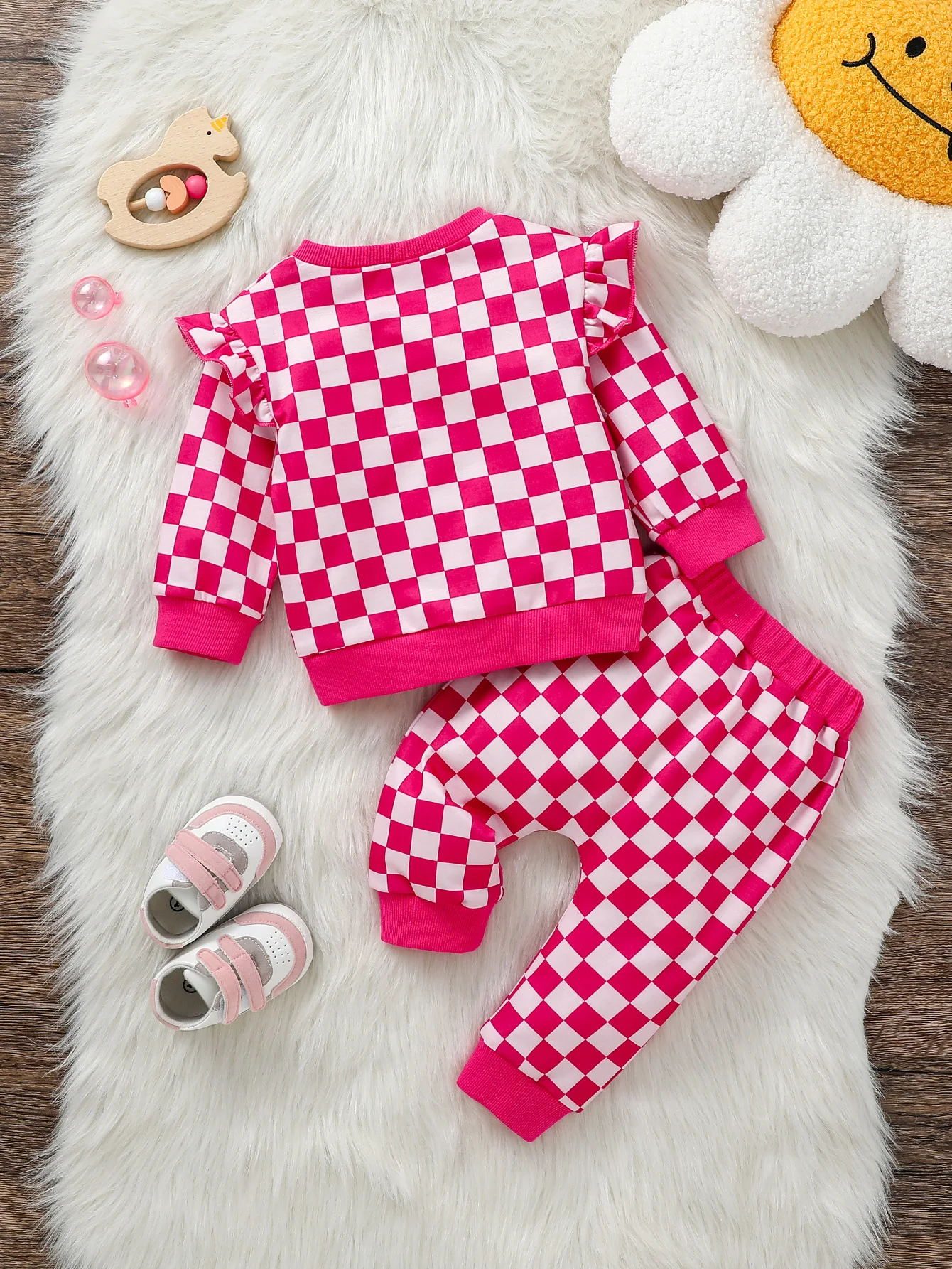 2Pcs Baby Girls Pink Long Sleeve Plaid Sweatshirt +Pants For Fall/Winter Casual Clothing Set