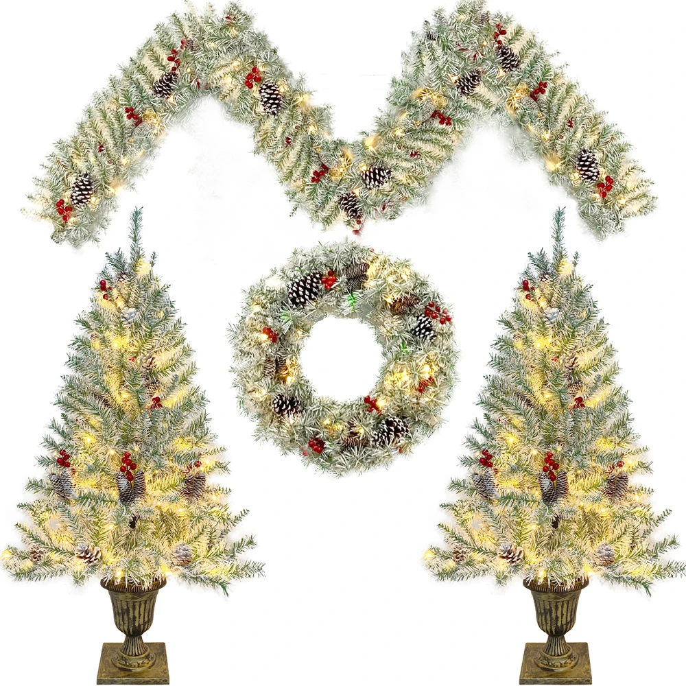 Xmas Tree Artificial Christmas 4-Piece Set,Garland, Wreath and Set of 2 Entrance Trees X-mas