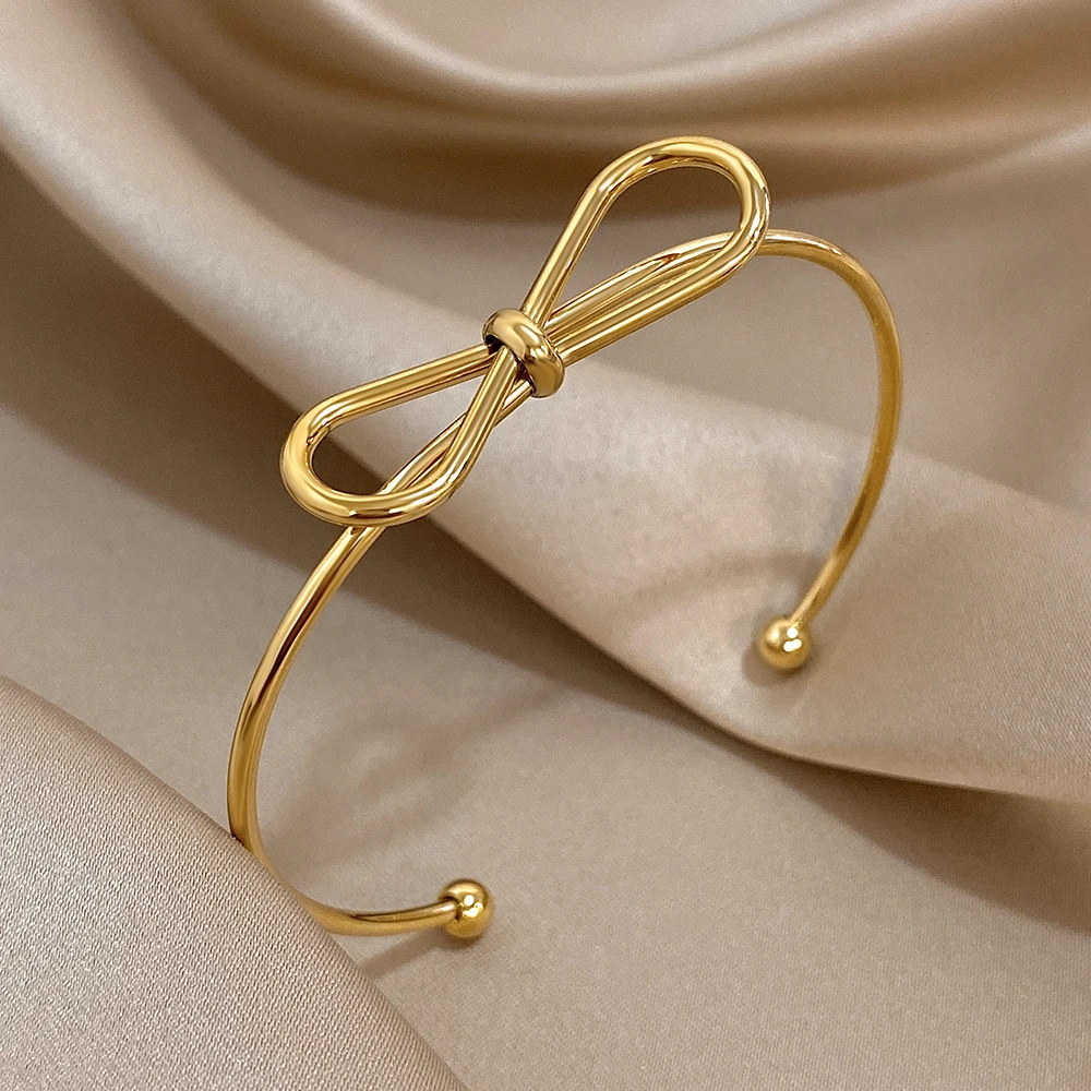 

Elegant Stainless Steel Irregular Line Opening Bangle Cuff Bracelet for Women Stackable Bowknot Thin Bangle Waterproof Jewelry
