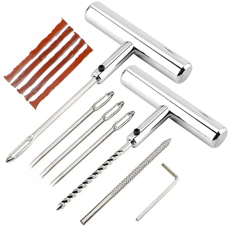 Ensemble d'outils de réparation de pneus 12 pièces avec bouchon à poignée en T, aiguilles de remplacement pour réparation de pneus pour une fixation efficace