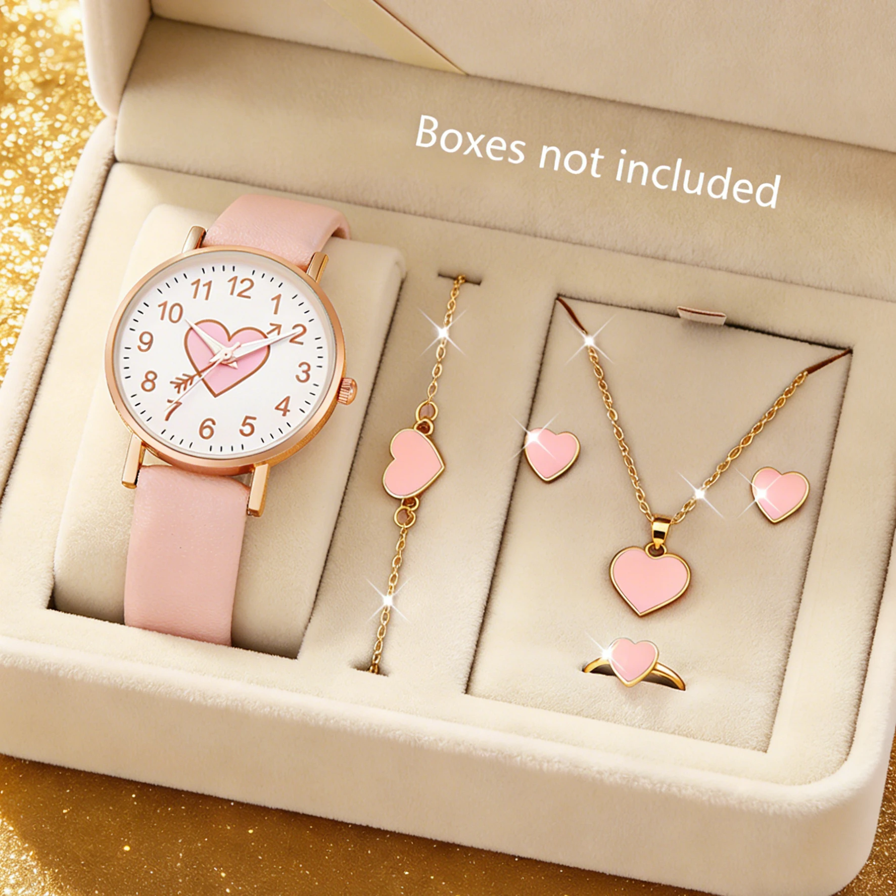 6-Piece Set of New Cute Pink Children's Watches with Heart-Patterned Decorations, Suitable for Daily Wear, Exquisite Birthday Gifts, and the Perfect Gift for Children