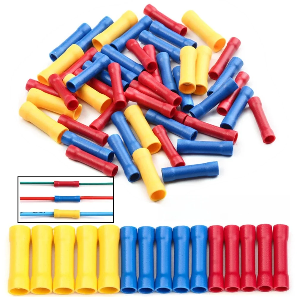Connecteurs bout à bout rouge/bleu/jaune, 100 pièces, à sertir 12-10/ 22-16 AWG, connecteurs d'épissure bout à bout en fil PVC entièrement isolés