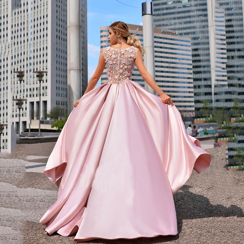 Princess Pink Prom Dress 2023 O-Neck Sleeveless 3D Floral Lace Back With Button Applique Formal  Party Gown Unique Vestido