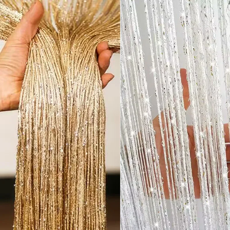 Nieuwe Glanzende Kwastje Zilveren Lijn String Gordijn 100x200 cm Volant Woonkamer Divider Bruiloft DIY Home Decor - afbeelding 2